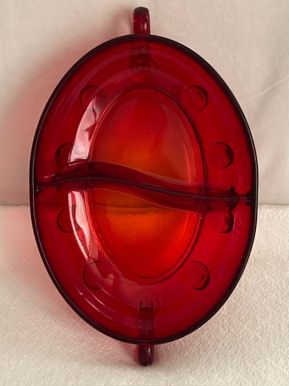 Vintage Divided Relish Dish Pigeon Blood Red Pressed Glass Bullseye Cape Cod